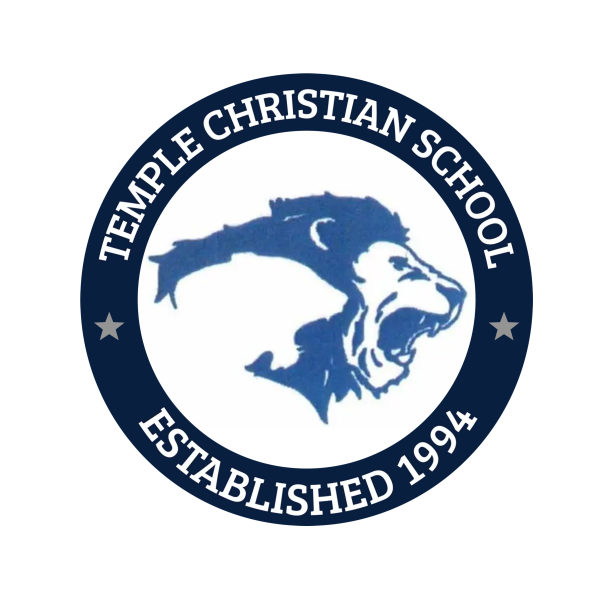 A blue and white logo of temple christian school.